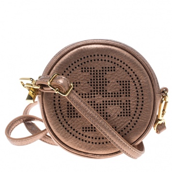 Pre Owned Tory Burch Metallic Beige Leather Logo Round Crossbody Bag 