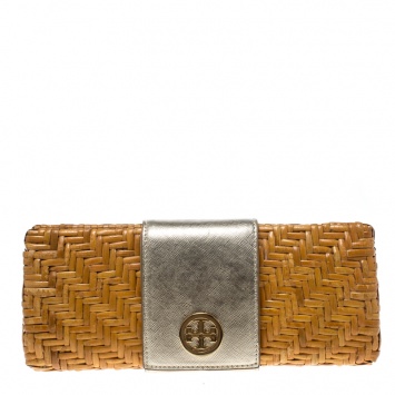 Pre Owned Tory Burch Dark Beige Rattan Wicker Clutch