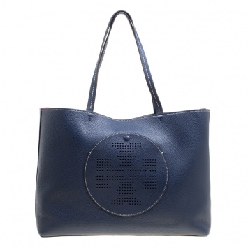 Pre Owned Tory Burch Navy Blue Leather Perforated Logo Tote