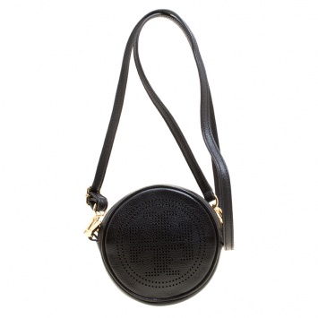 Pre Owned Tory Burch Black Leather Perforated Logo Round Crossbody Bag