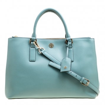 Pre Owned Tory Burch Pale Green Leather Robinson East West Top Handle Bag