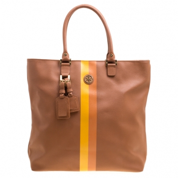 Pre Owned Tory Burch Brown Striped Leather Georgia Shopping Tote
