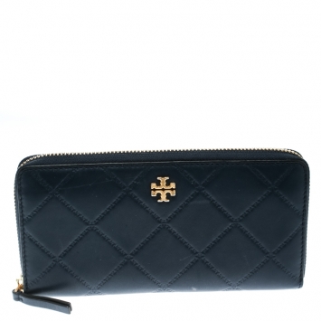 Pre Owned Tory Burch Blue Leather Zip Around Wallet