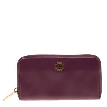 Pre Owned Tory Burch Burgundy Leather Zip Around Wallet