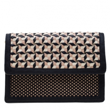 Pre Owned Tory Burch Tri Color Woven Leather Robinson Crossbody Bag