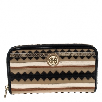 Pre Owned Tory Burch Multicolor Leather Robinson Zig Zag Zip Around Wallet