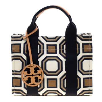 Pre Owned Tory Burch Multicolor Geometric Pattern Canvas and Leather Tote 