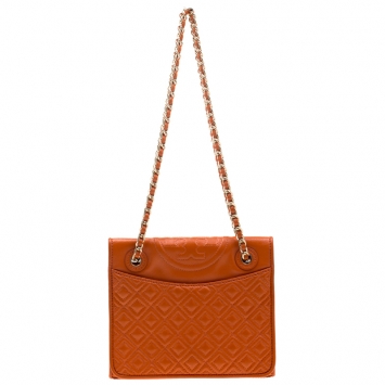 Pre Owned Tory Burch Orange Saffiano Patent Leather Fleming Convertible Shoulder Bag