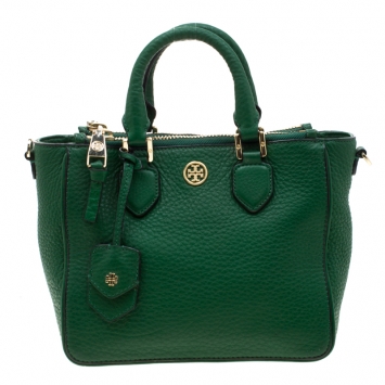Pre Owned Tory Burch Green Leather Robinson Square Double Zip Tote