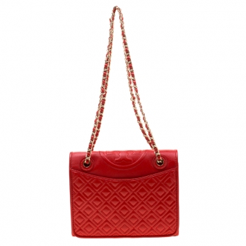 Pre Owned Tory Burch Dark Orage Leather Fleming Crossbody Bag