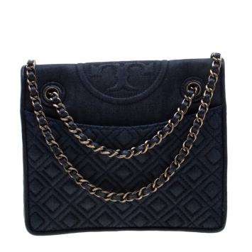 Pre Owned Tory Burch Blue Denim Fleming Quilted Crossbody Bag 