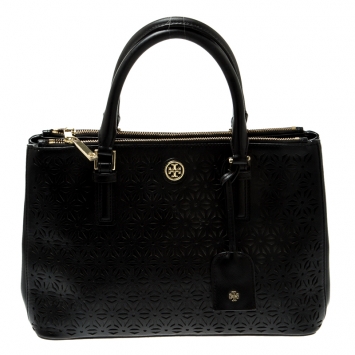 Pre Owned Tory Burch Black Floral Laser Cut Leather Double Zip Robinson Tote 