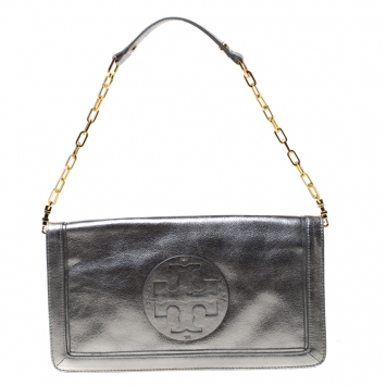 Pre Owned Tory Burch Metallic Silver Leather Reva Shoulder Bag
