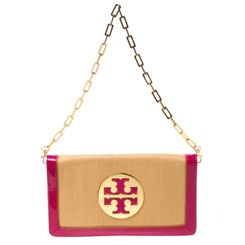 Pre Owned Tory Burch Tan/Pink Raffia and Leather Reva Foldover Clutch