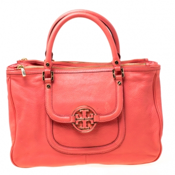 Pre Owned Tory Burch Coral Orange Leather Amanda Tote