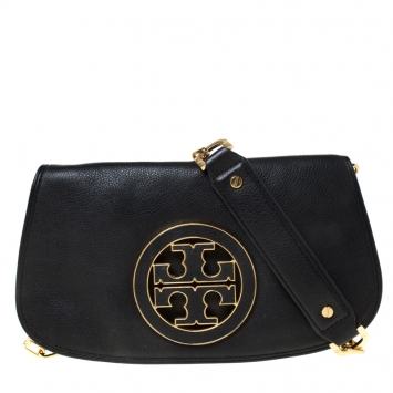 Pre Owned Tory Burch Black Leather Raphael Logo Crossbody Bag