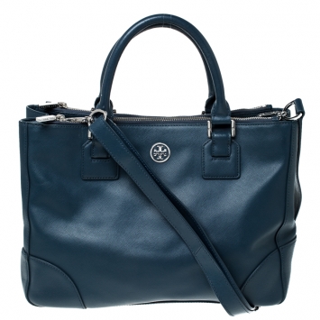 Pre Owned Tory Burch Blue Leather Robinson Tote
