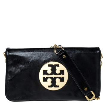 Pre Owned Tory Burch Black Leather Reva Logo Shoulder Bag 