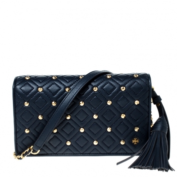 Pre Owned Tory Burch Navy Blue Quilted Leather Fleming Stud Crossbody Bag