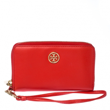 Pre Owned Tory Burch Orange Leather Wristlet Wallet