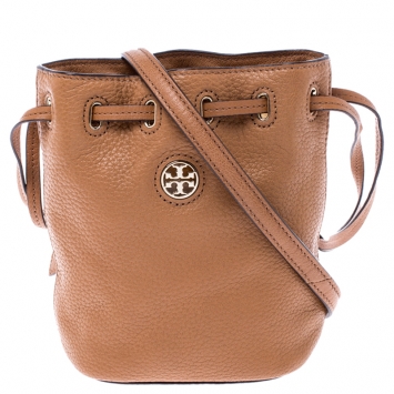 Pre Owned Tory Burch Tan Leather Drawstring Crossbody Bag