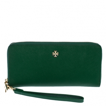 Pre Owned Tory Burch Green Leather Zip Around Wallet