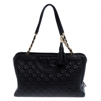 Pre Owned Tory Burch Black Diamond Quilted Leather Marion Tote
