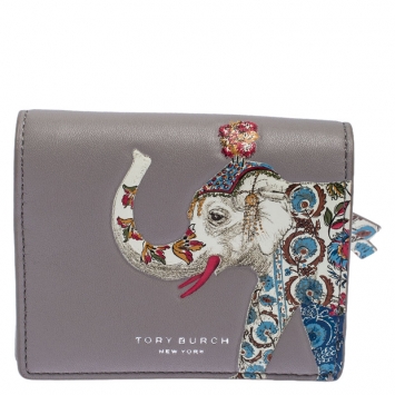 Pre Owned Tory Burch Grey Leather Elephant Foldable Mini Wallet