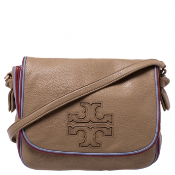 Pre Owned Tory Burch Camel Leather Flap Crossbody Bag