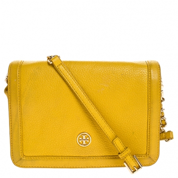 Pre Owned Tory Burch Yellow Leather Robinson Chain Crossbody Bag