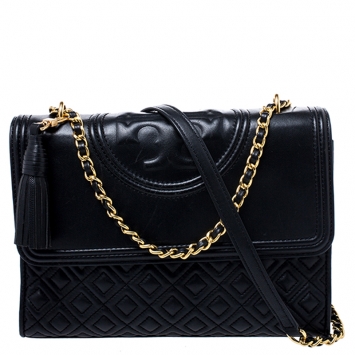 Pre Owned Tory Burch Black Leather Fleming Convertible Shoulder Bag