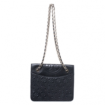 Pre Owned Tory Burch Black Leather Fleming Crossbody Bag