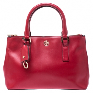 Pre Owned  Tory Burch Red Saffiano Leather Robinson Double Zip Tote