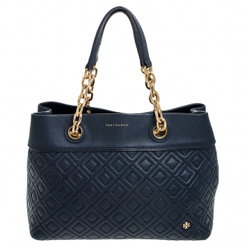 Pre Owned Tory Burch Blue Leather Small Fleming Tote