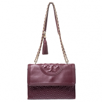 Pre Owned Tory Burch Burgundy Leather Fleming Crossbody Bag