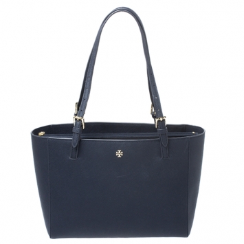 Pre Owned Tory Burch Navy Blue Leather Medium York Buckle Tote