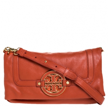 Pre Owned Tory Burch Orange Leather Amanda Foldover Crossbody Bag