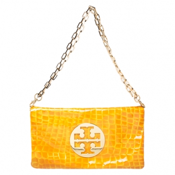 Pre Owned Tory Burch Yellow Croc Embossed Patent Leather Clutch Bag