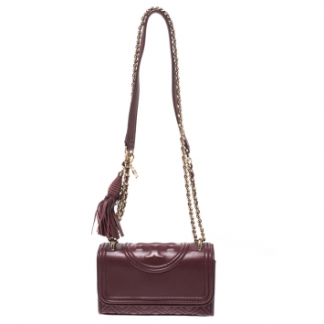Pre Owned Tory Burch Burgundy Leather Mini Fleming Shoulder Bag