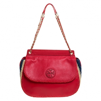Pre Owned Tory Burch Red Leather and Straw  Marion Saddle Bag