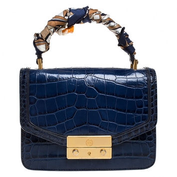 Pre Owned Tory Burch Blue Crocodile Embossed Leather Juliette Top Handle Bag