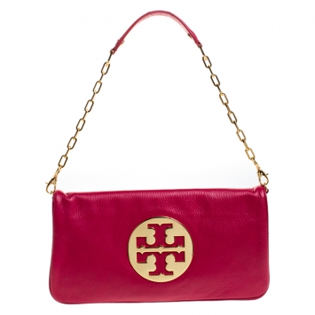 Pre Owned Tory Burch Fuchsia Leather Reva Logo Shoulder Bag