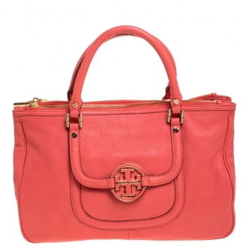 Pre Owned Tory Burch Coral Leather Amanda Double Zip Tote