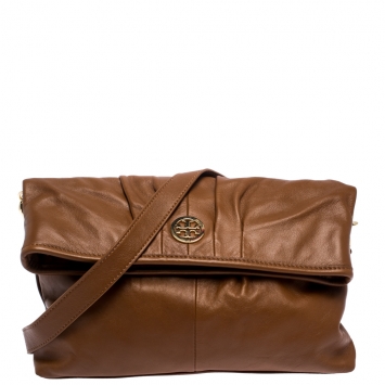 Pre Owned Tory Burch Tan Leather Verona Foldover Crossbody Bag