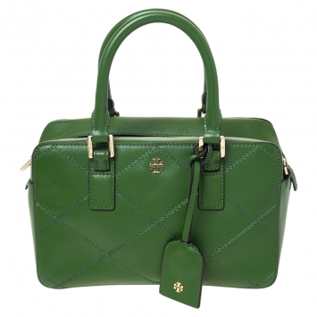Pre Owned Tory Burch Green Stitched Leather Robinson Satchel