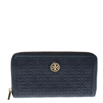 Pre Owned Tory Burch Navy Blue Quilted Leather Robinson Zip Around Wallet