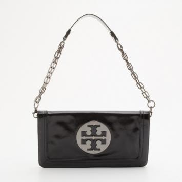 Pre Owned Tory Burch Black Patent Crinkle Bombe Reva Clutch