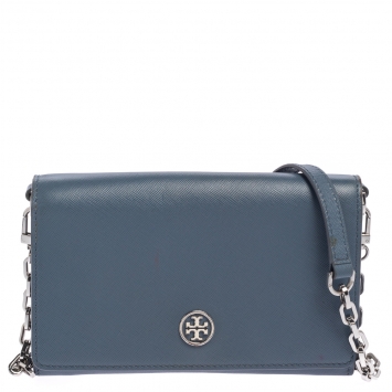 Pre Owned Tory Burch Blue Saffiano Leather Robinson Wallet on Chain