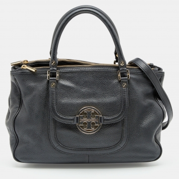 Pre Owned Tory Burch Black Leather Logo Amanda Tote
