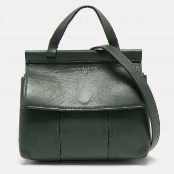 Pre Owned Tory Burch Green Leather Mini Block T Crossbody Bag